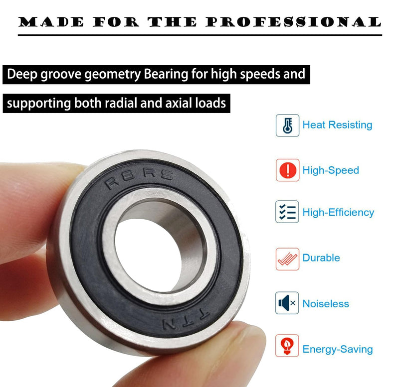 10 PCS R8-2RS 1/2 inch Bore Double Rubber Sealed Roller Ball Bearing 1/2 x1-1/8 x5/16 Inch ABEC3 Precision Small Ball Bearing for Electric Motor, Wheels, Home Appliances, Garden Machinery 10