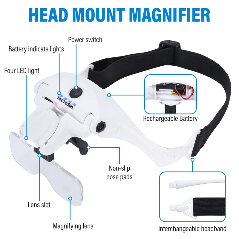 YOCTOSUN Magnifying Glasses with 4 LED Lights, Head Mount Magnifier with Storage Case,5 Lenses, Headband, Hands Free Lighted Head Magnifying Visor for Hobby Crafts & Close Work White With Storage Case