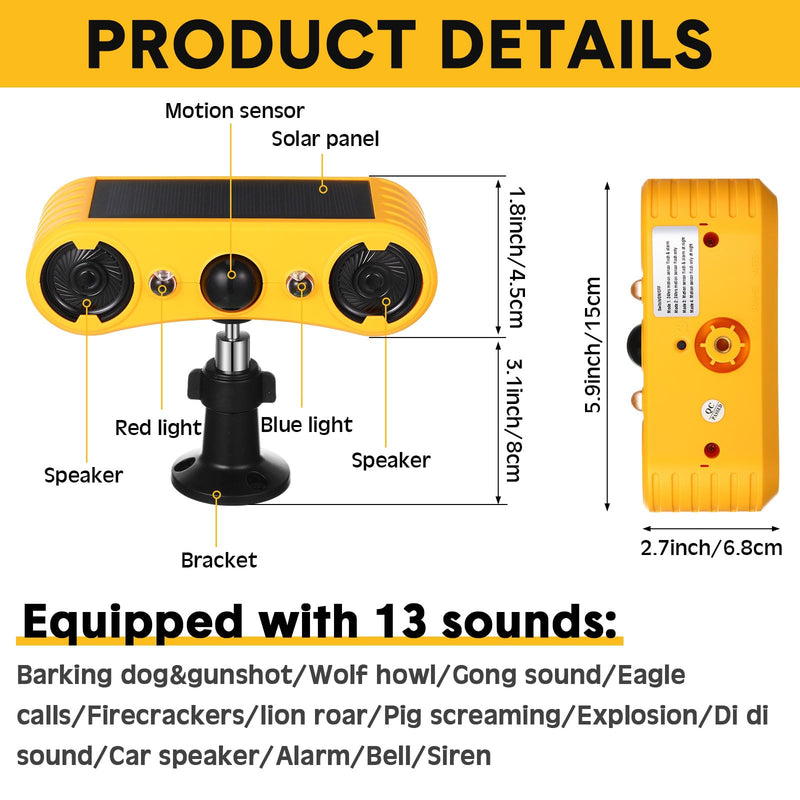 Qualirey Solar Outdoor Motion Sensor Alarm 2 x 129db Loud Noise Maker 13 Sound Detector Strobe Light, 4 Modes Animal Deterrent Dog Barking Alarm Mount on Ground or Fence for Garden Yard(4 Pack)