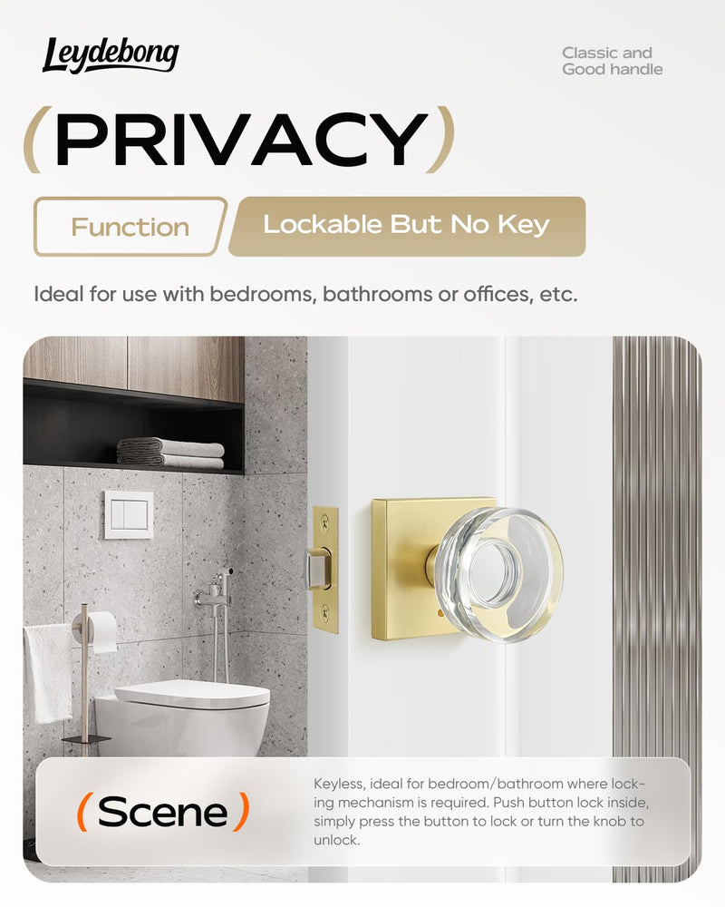 Leydebong 2 Pack Crystal Door Knobs, Gold Door Handles Interior, Premium Bathroom/Bedroom Door Levers with Lock, Glass Door Knobs Privacy Function with No Key Satin Brass - Privacy