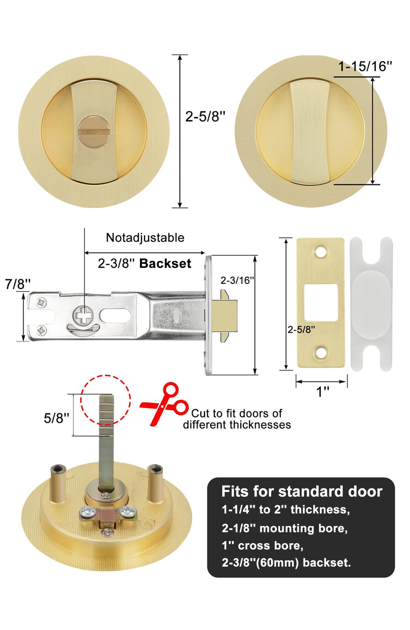 goldenwarm Brushed Gold Pocket Door Lock, Zinc Alloy Gold Pocket Door Hardware(2-3/8" Backset), Pocket Door Handles Round Pocket Door Locks for Bathroom for Closet Door Lock - 1 Pack