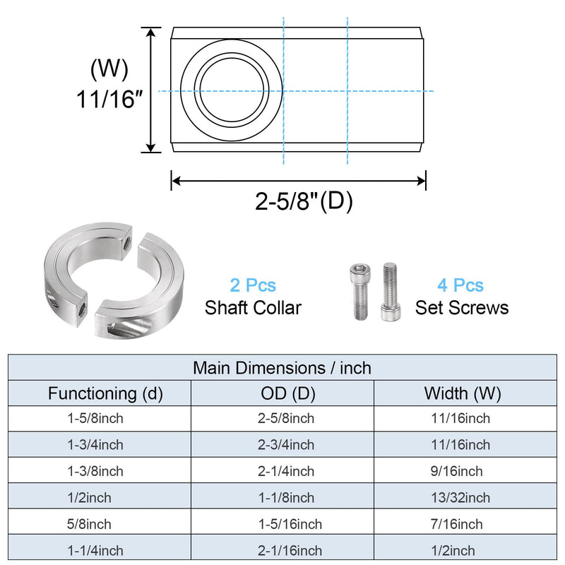 HARFINGTON 2pcs Shaft Collar for 1-5/8" Rod 2-5/8" OD 11/16" Width 304 Stainless Steel Double Split Axle Clamp-On Collar with Set Screw 1-5/8" Bore