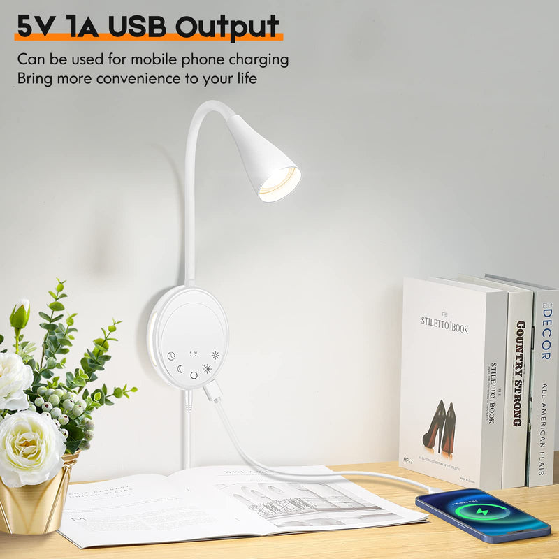 LED Wall Mounted Reading Light, Book Light for Reading in Bed with Touch Control, 5 Dimmable, USB Output, Night Light & Timers Function, Flexible Gooseneck Headboard Bed Lights (White) White