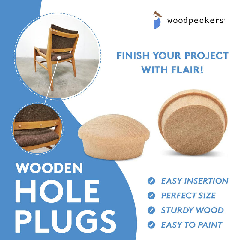 Wood Hole Plugs 1/4 inch, Pack of 100 Maple Button Top Wood Plugs for Screw Holes, by Woodpeckers