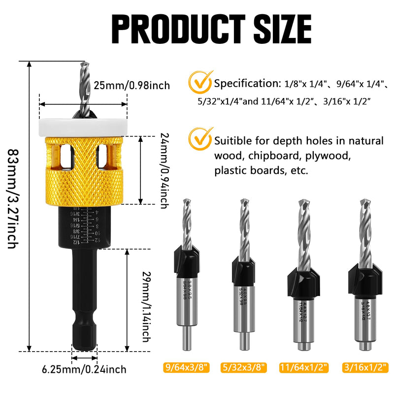 Countersink Drill Bit Set for Wood, 7Pcs Counter Sink Drill Bit Set with Adjustable Depth Stop and 1/4" Quick Change Hex Shank, Replaceable HSS M2 Bits Tapered Head for Woodworking