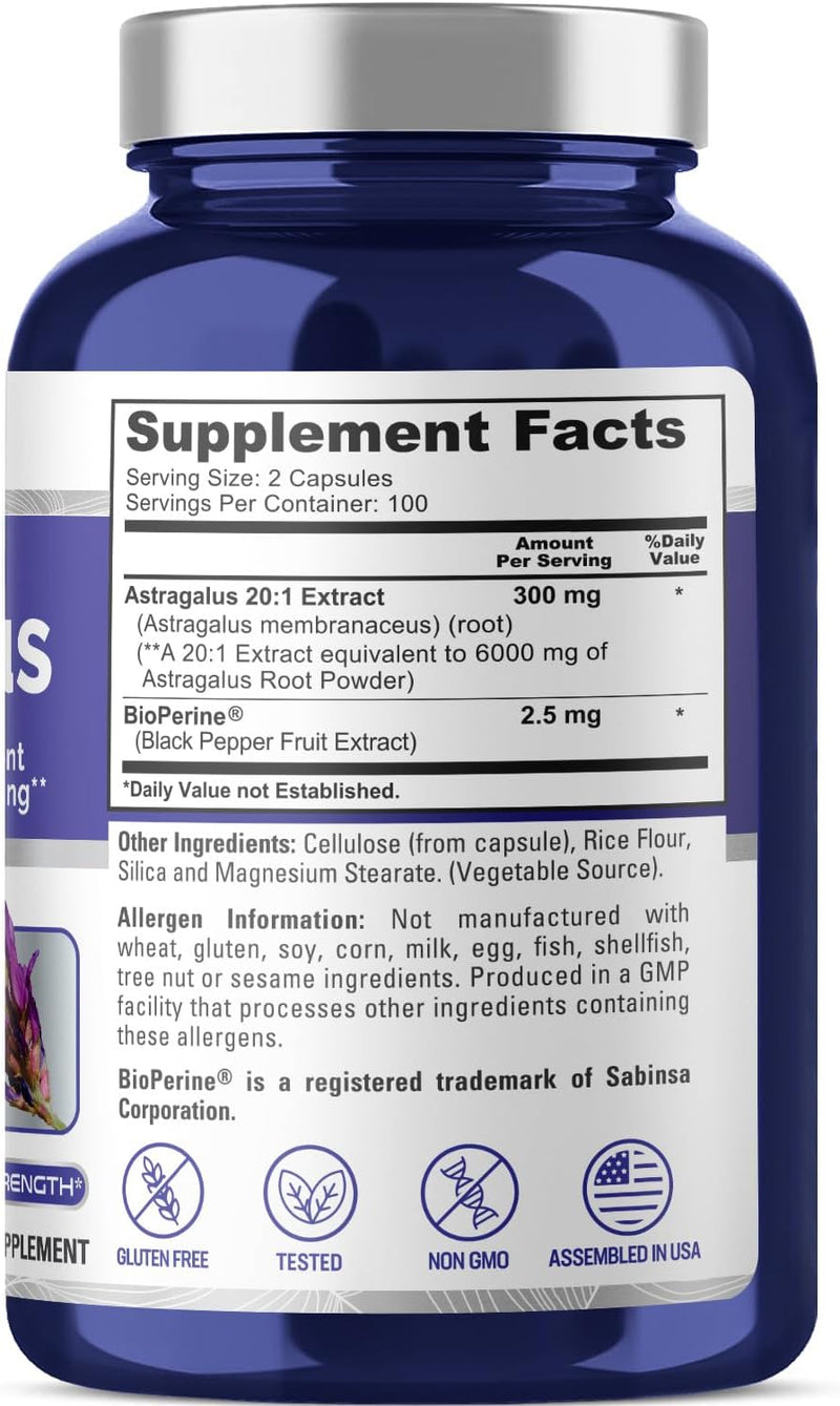 Astragalus 3000 mg Per Caps, Extract 20:1 200 Veg Capsules (Non-GMO & Gluten-Free) - NewNest Australia