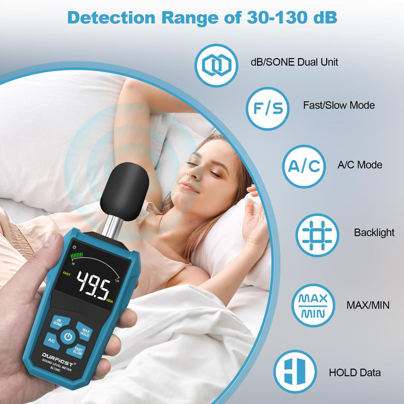 Decibel Meter, DURFICST Sound Level Meter, Portable Level Meter, dB/SONE Units Fast Switching, with LCD Colour Screen, Backlight, A/C Counterweight, Sound meter for home and construction sites