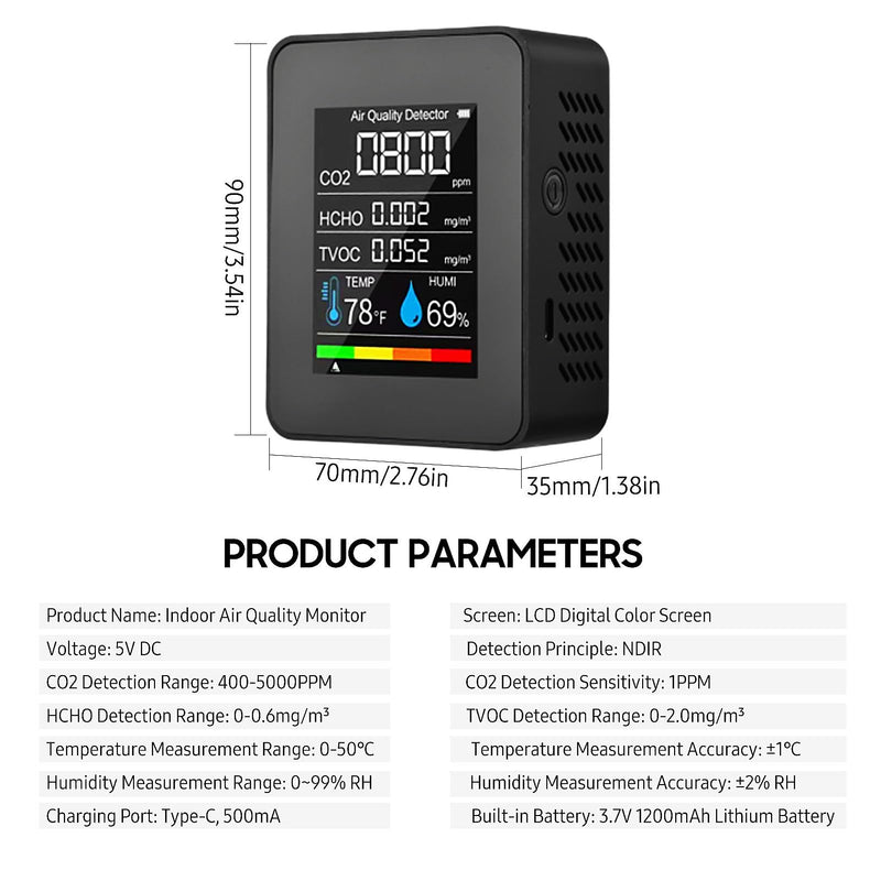 Prefessionall Indoor Air Quality Monitor, 5 in 1 Portable Smartair Quality Tester for CO2 | TVOC | HCHO | Temp | Hum for Home Cars Plants and Pets So On (Black) Black