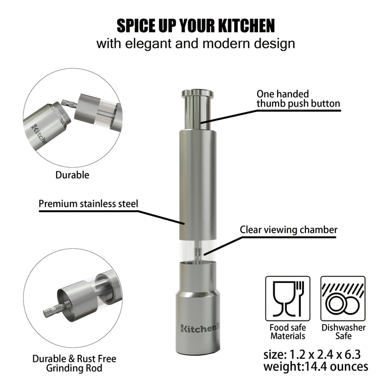 Modern Thumb Click Salt and Pepper Grinder with Refillable Peppermill - Perfect for Himalayan Salts, Black Pepper, Sea Salt, Peppercorns, Spices Push Button for 1 hand operation (set) Stainless Steel Set