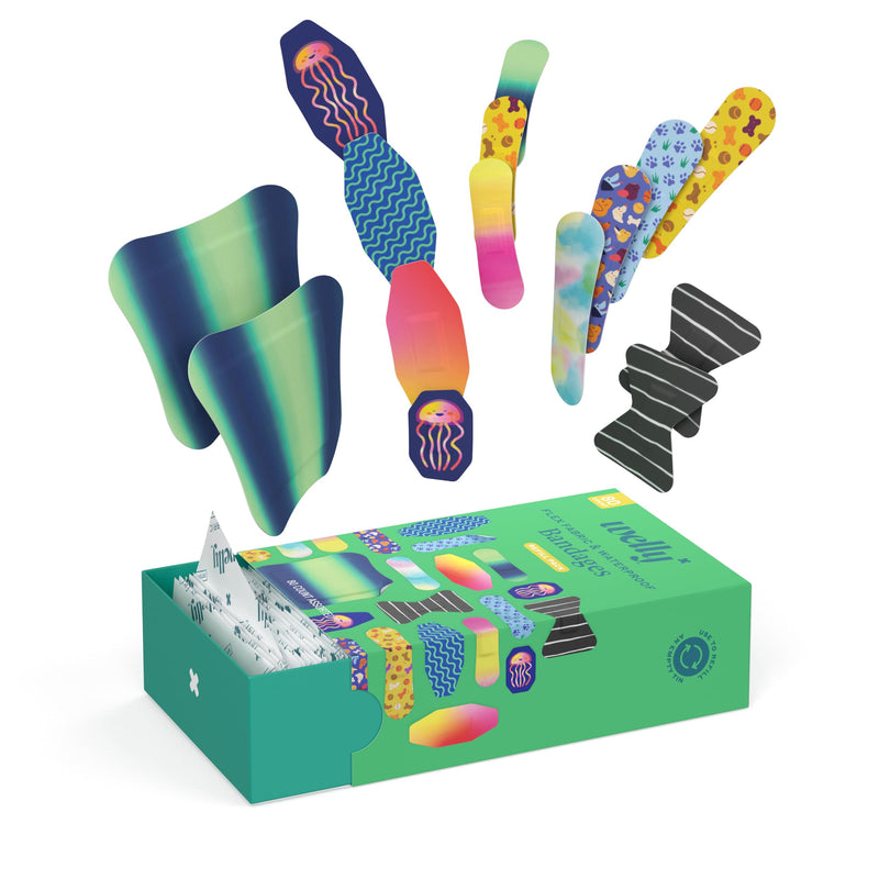Welly Bandage Family Pack | Adhesive Flexible Fabric & Waterproof Bandages | Assorted Shapes and Patterns for Minor Cuts, Scrapes, and Wounds - 80 Count 80 Count (Pack of 1)