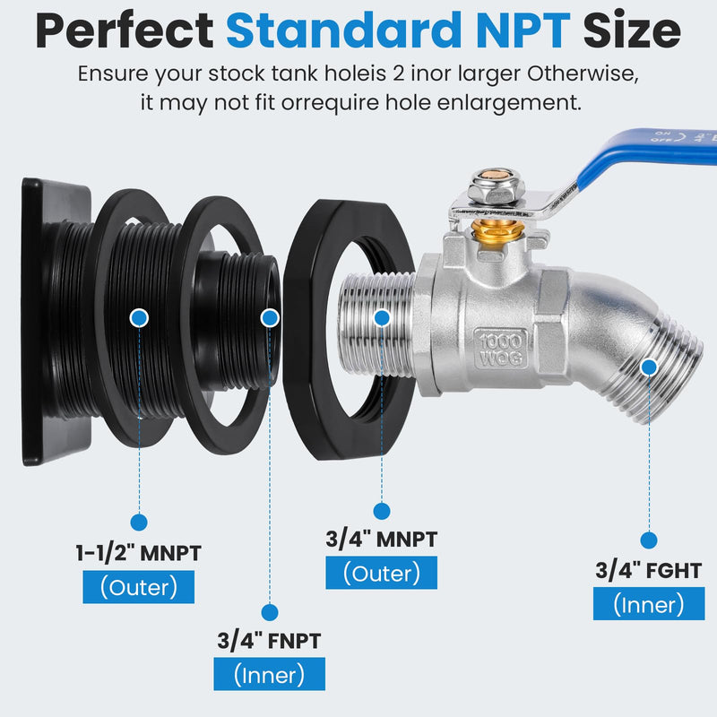 Stock Tank Drain Plug Kit for rubbermaid Commercial 50 70 100 150 300 Gallon Stock Tanks with 3/4" NPT ×3/4" GHT Stainless Hose Faucet Garden Hose Connector