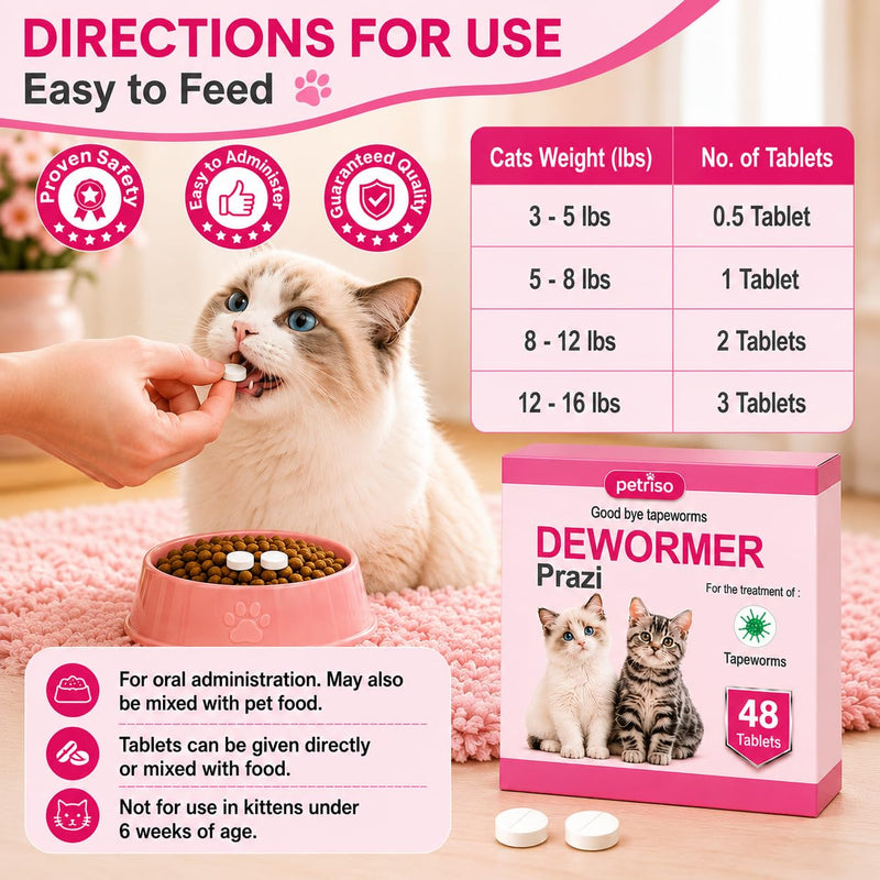 Tapeworm Solution for Cats and Kittens, Say Goodbye to Tapeworms in Cats and Kittens, Rapid Absorption, 48 Tablets
