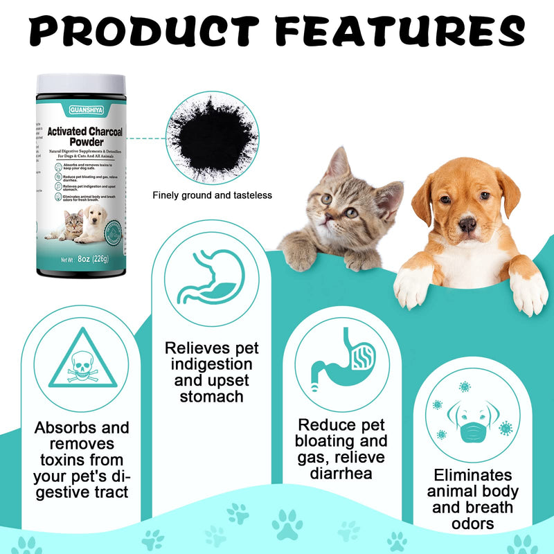 Activated Charcoal for Dogs, Cats, and All Pets, 8oz(Powder), Activated Charcoal Powder for Poisonings, Digestive Upset, and Diarrhea, Eliminates Odors, Non-GMO, Gluten Free N16oz