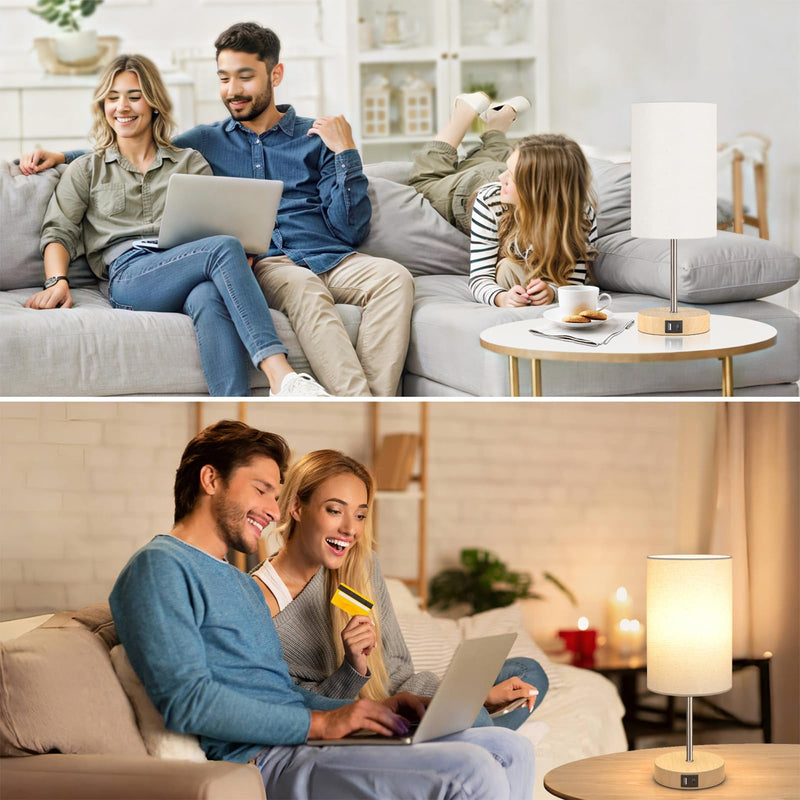 AKASUKI Table Lamp for Bedroom, 3 Way Dimmable Touch Lamp with Dual Charging Station, Small Bedside Lamps for Night Stands, Living Room, Office(LED Bulb Included) Cream Shade-Wood Base 14.25 in