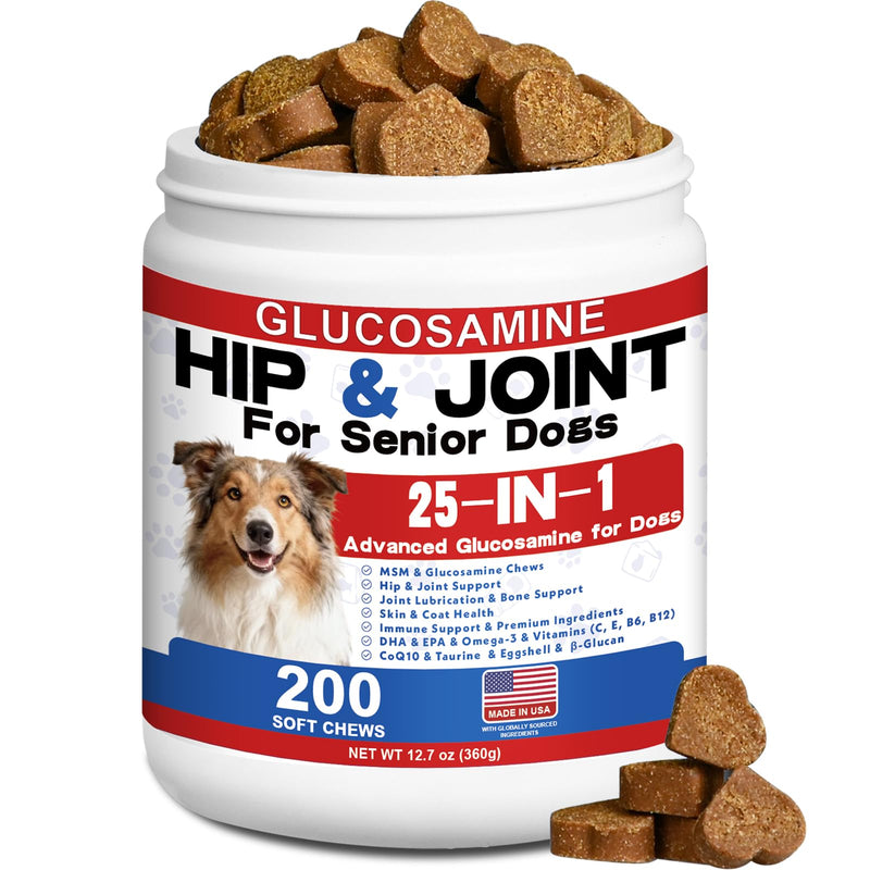 Glucosamine for Dogs Hip and Joint Supplement - 25-in-1 Hip and Joint Chews for Dog with MSM, Green Lipped, Turmeric, Yeast, Omegas, Vitamins| Mobility Support for All Ages & Sizes Dogs,200 ct 200 Count