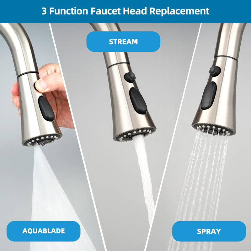 Kitchen Faucet Head Replacement with 15 Adapter Kit Compatible with American Standard/Kohler/Moen/Delta Faucets, 3 Function Pull Down Sink Faucet Spray Head, Brushed Nickel
