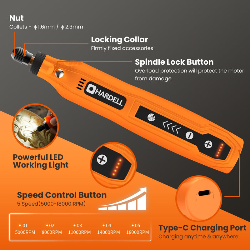 HARDELL Mini Cordless Rotary Tool, 5-Speed 129pcs Gift Kit for DIY Crafts Orange Pro