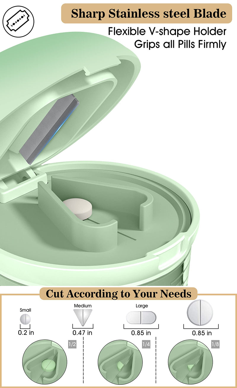 Pill Cutter Splitter with Dispenser, Pill Cutter for Small or Large Pills, Crushes Pills, Vitamins, Tablets, Stainless Steel Blade, Removable Drinking Cup (Green-1) Green-1