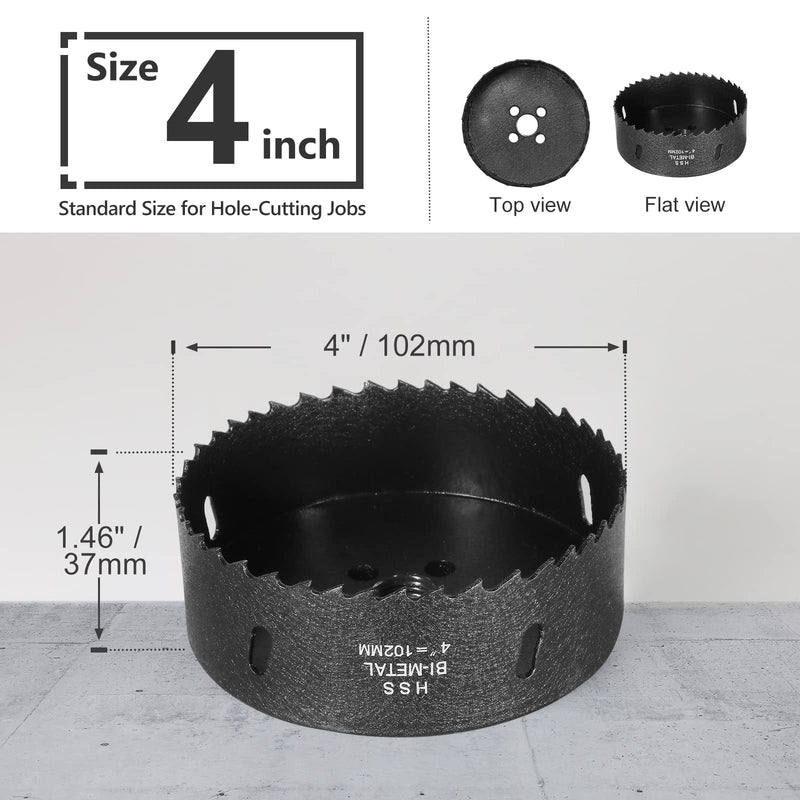 4 Inch Hole Saw with 3/8" Triangle Shank Quick Change Arbor, JTemgle Bi-Metal Hole Saw Heavy Duty Hole Cutting Tool for Cornhole Boards, Recessed Lights, Wood, Plastic, Drywall & Soft Metal 102mm | 4"