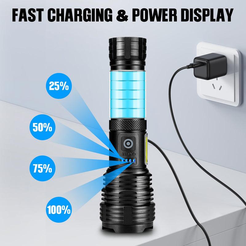 Flashlight Rechargeable Flashlights High Lumens, 99,000 LM Bright LED Flashlight Powered Flash Light, USB Rechargeable Flashlights & Waterproof Handheld Flash lights for Home Camping Hiking(2 Pack)