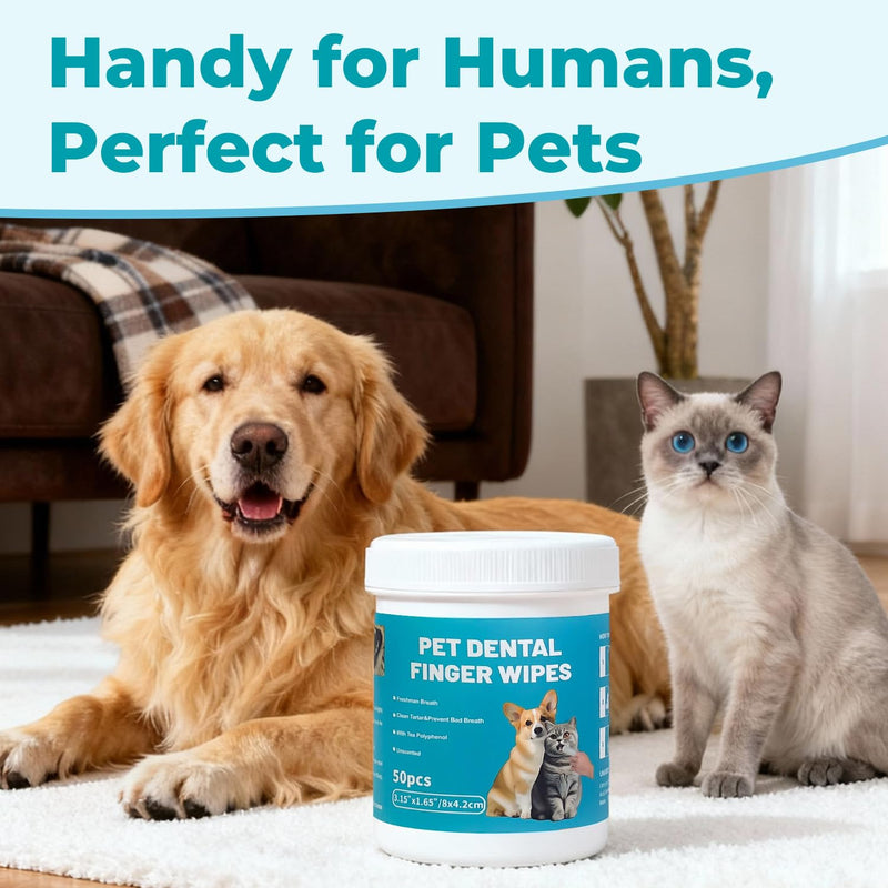 Pet Teeth Cleaning Finger Wipes for Cats and Dogs, Unscented Tartar Control with Tea Polyphenol, Fresh Breath, 50 Count Dental Finger Wipes - 50Counts