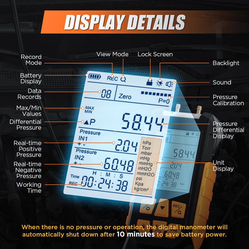 Manometer, Dual Port Digital Manometer -100~200kPa, 10 Units, 7 Adapters, HVAC Gas Pressure Tester with Backlight LCD Display, Data Hold/Record, Flashlight