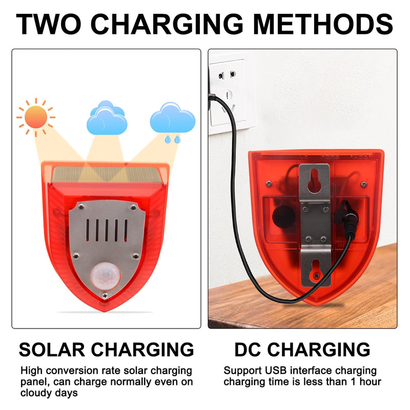 Qualirey 4 Pcs Solar Alarm Motion Detector with Sound Outdoor Motion Sensor 129db Barking Dog Strobe Light Gunshot Sound Alarm Detector Noise Maker Warning Lamp for Home Villa Yard Farm
