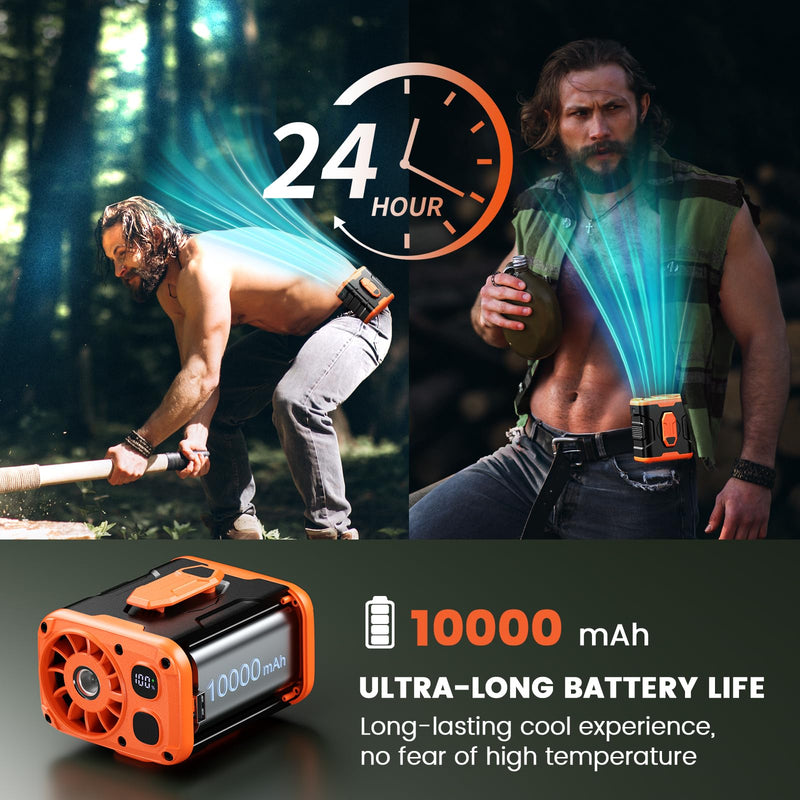 coldSky Upgrade Portable Waist Fan Clip On, 10000mAh Rechargeable Wearable Belt/Neck Personal Fan with Light, 5 Speeds Strong Airflow Cooling for Outdoor Jobsite Camping Travel Medium Orange