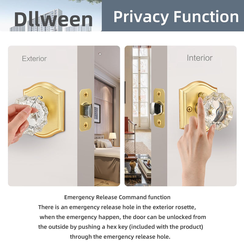Glass Door Knob, Gold Crystal Door Knob Interior with Lock, Satin Brass Privacy Door Knob for Bedroom Bathroom, Brushed Gold