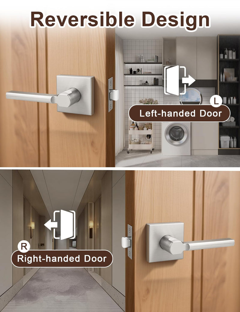 2 Pack Square Brushed Nickel Door Handles Interior, Non-Locking Interior Passage Door Lock Hallway/Closet Door Lever, Heavy Duty Modern Door Handle 2 Passage Door Lever