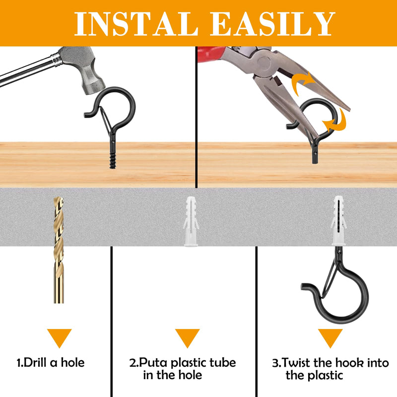 25 PCS Q Hanger Hooks with Safety Buckle, Windproof Screw Hooks for Hanging Outdoor String Lights, Christmas Lights,Cups, Decors,2.3 Inches, Black 25pcs