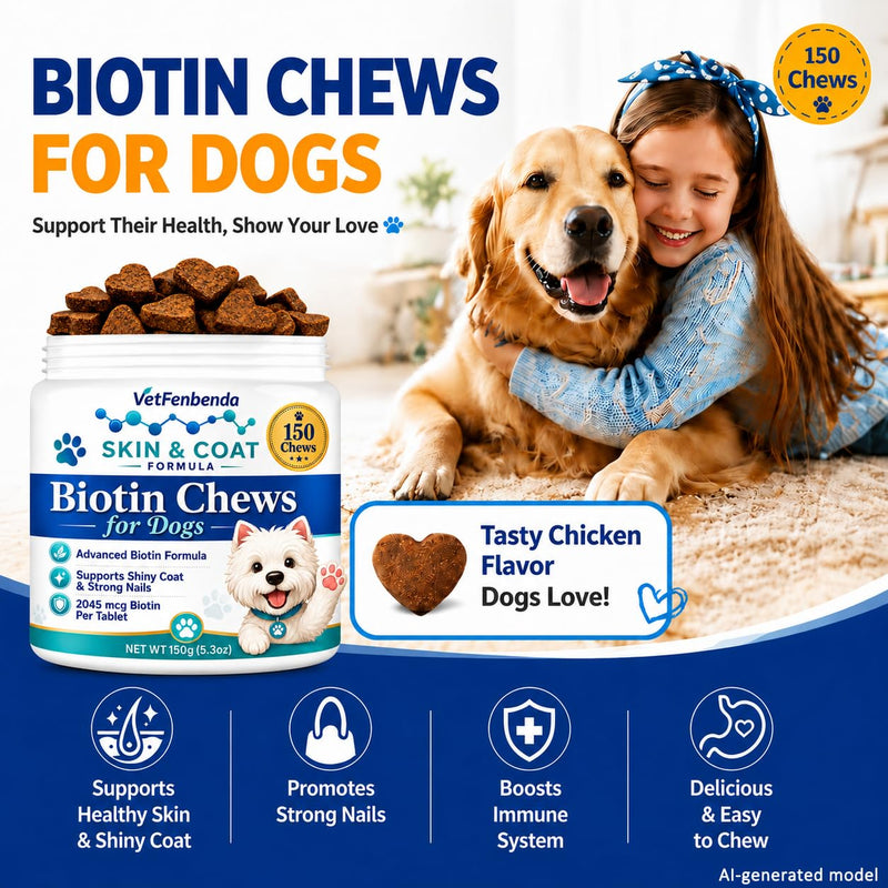 Biotin for Dogs Skin and Coat Supplement Dog Shedding and Dry Skin Support Chews, Dog Nail Strengthener with 58mg Vitamin Biotin per oz, Dried Yeast B-Complex & 42% Protein for All Breeds, 150 Chews
