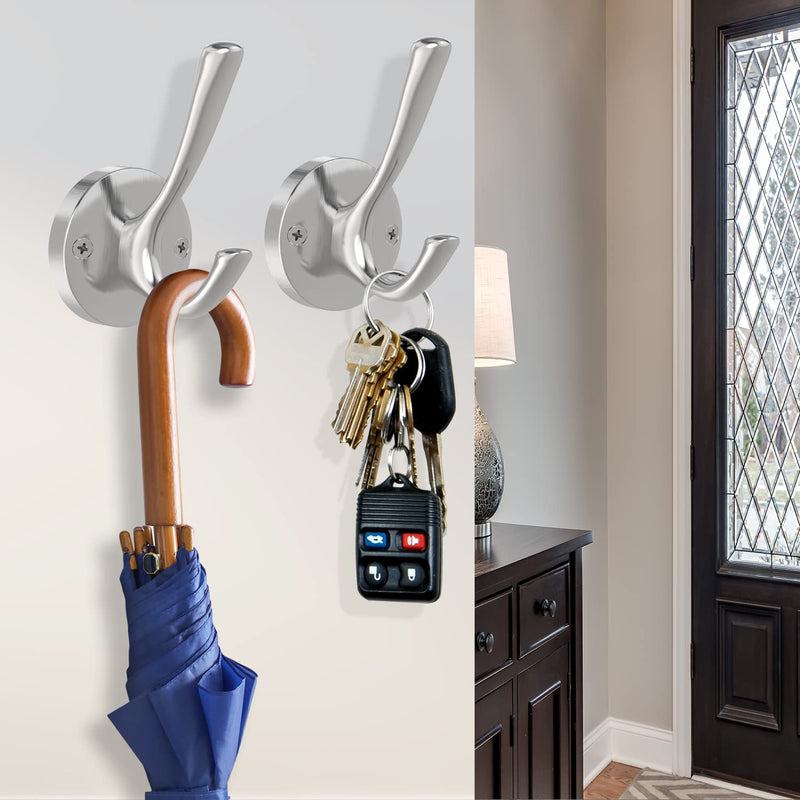 Brushed Nickel Wall Hooks Towel Hooks, 2 Pack Coat Robe Hook Heavy Duty Bathroom Double Hook Wall Mounted, Hand Towel Hooks for Closet Entryway Cubicle Kitchen Silver