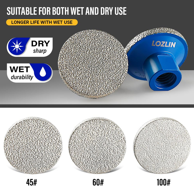 LOZLIN 3-Pack 2" Brazed Grinding Heads 5/8-11 Thread - Flat Abrasive Polishing Stones for Marble/Quartz/Granite/Cobblestone, High-Efficiency Surface Grinding Tools