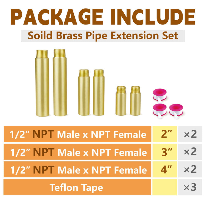 2", 3", 4" Length Brass Pipe Extender, 1/2" NPT Pipe Fittings Long Nipple Yellow 2",3",4" (6 PCS)