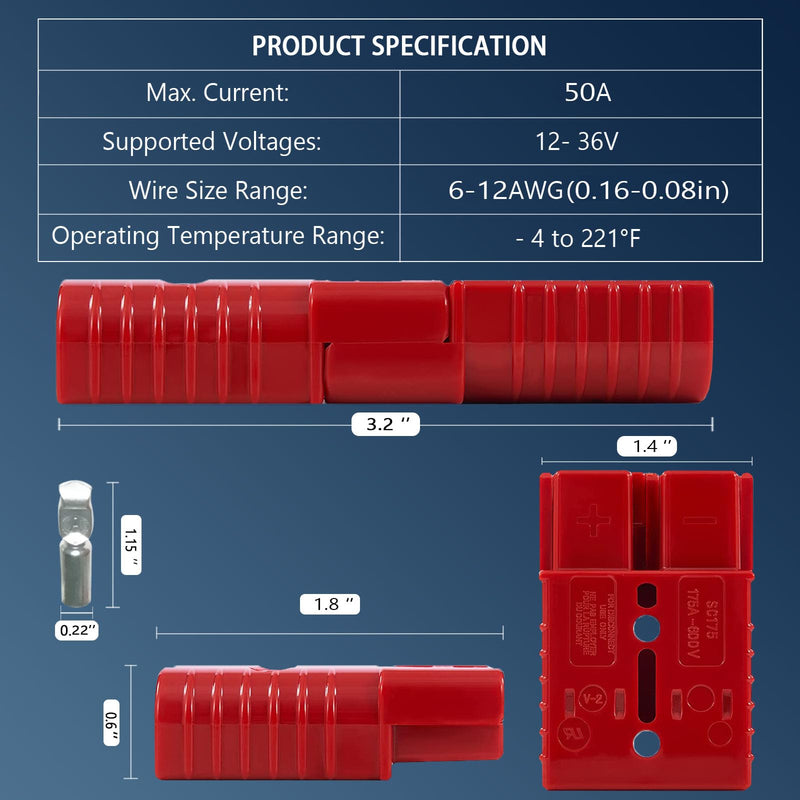 Anderson Connector 2 Pcs, 50 Amp 12-36v Batteries Quick Connect/Disconnect Plug Kit, Connectors for 6 to 12 Gauge Cables, for Car Bike ATV Winches Lifts Motors More,SB 50 Red 50A 2Pcs - NewNest Australia