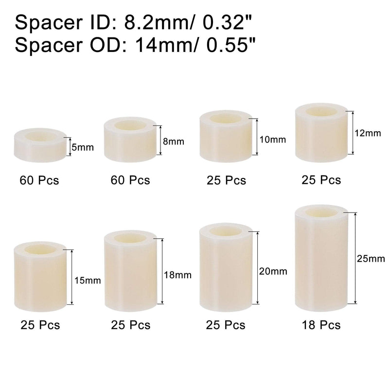uxcell ABS Round Spacer Assortment Kit ID 8.2mm OD 14mm for M8 Screws, 8 Sizes Plastic Standoff (5mm 8mm 10mm 12mm 15mm 18mm 20mm 25mm), 263pcs