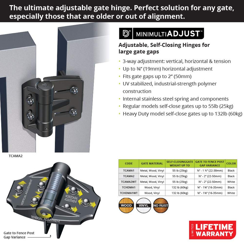 D&D Technologies TCAMA2 Multi-Adjust Regular Duty Gate Hinges, for Self Closing Metal, Wood, Vinyl Gates up to 55 Pounds, 3-Way Adjustable, Gap up to 2", Black, 2 Count For Gate Gap up to 2 in