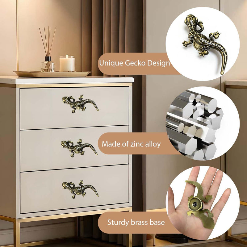 4 Pack Vintage Gecko Cabinet Knobs, Unique Animal Cabinet knobs | Single Hole Zinc Alloy Drawer Pulls With screws Easy to install for Kitchen, Wardrobes,Bookcases,Dresser,Closets Drawer Pull