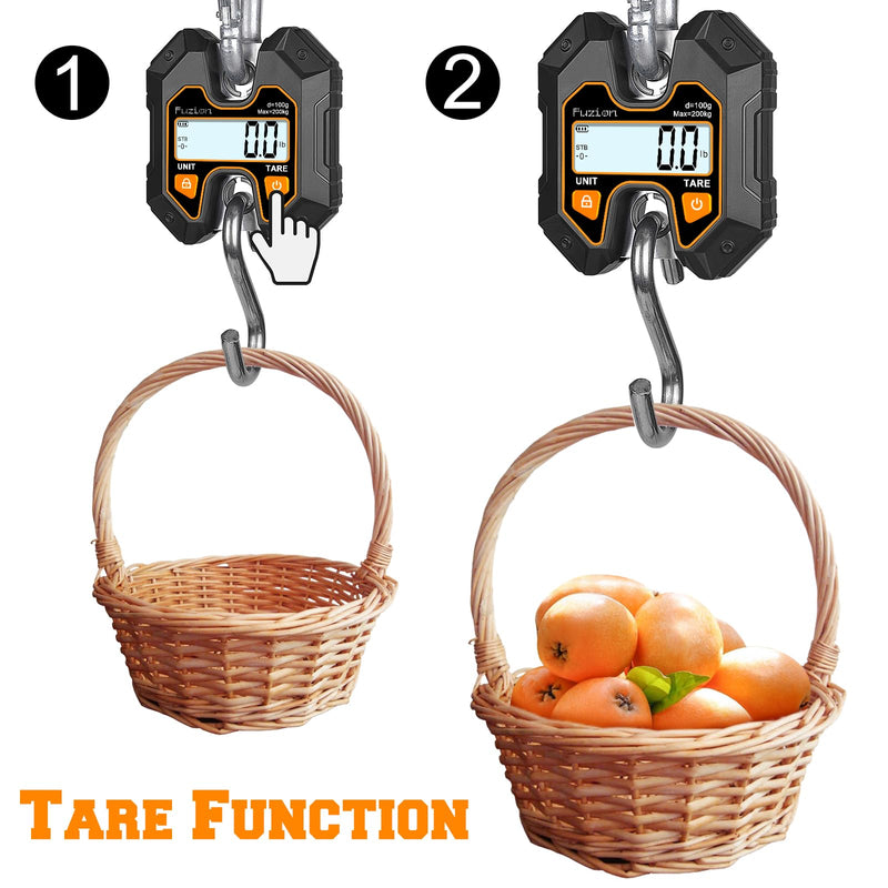 Fuzion Mini Crane Scale - Hanging Scale 440lb/200kg/1960N, Deer Scale with Large LCD Display, Hold & Tare Functions for Hunting, Farms, Fishing, No Setup Required Black+Orange