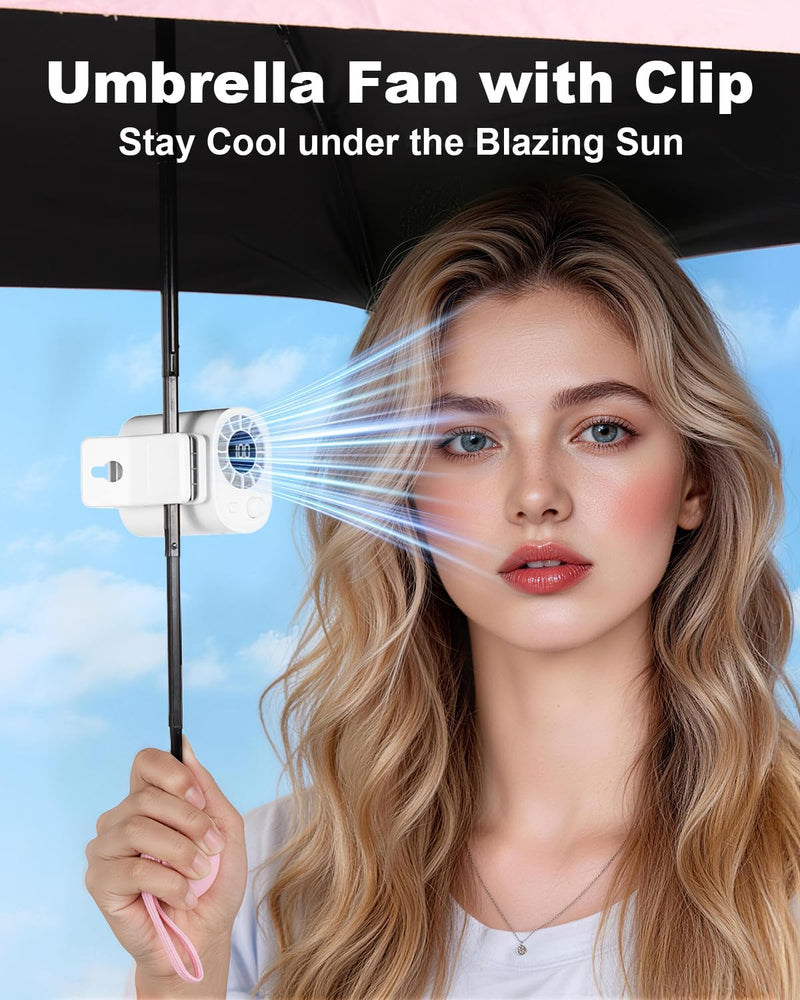 Portable Clip On Fan for Umbrella,Ultra Light 0.28 Lb,100 Wind Speed Stepless Adjustment,Personal Rechargeable Clip On Fan for Umbrella Beach Outdoor Travel Essential(White)