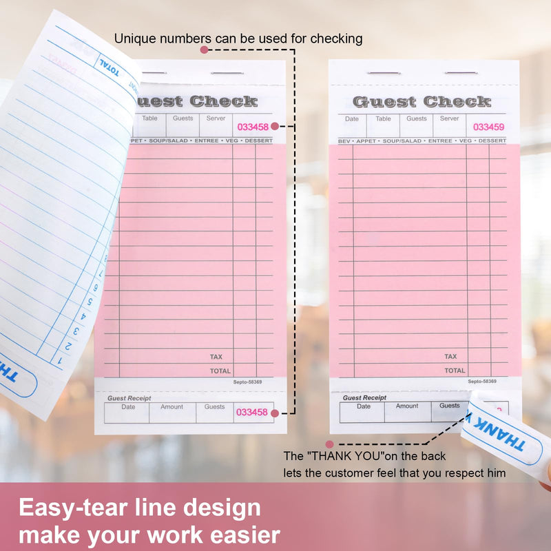 6 Pack Server Note Pads, Guest Check Books for Servers, Guest Checks Notepad for Waiter Waitress Servers, Waitress Notepad for Restaurants Food Order, 50 Sheets/Pad, Pink Guest Check 6 Pack
