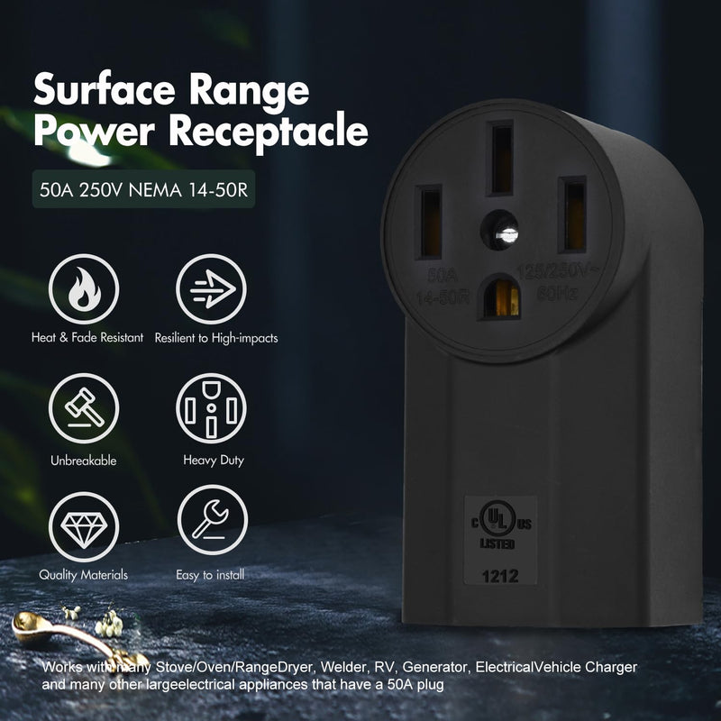 VAV NEMA 14-50R 50 Amp Heavy Duty Outlet, 3-Pole 4-Wire Surface MountPower Receptacle, UL Certiied, 125/250 Volt Black Stove Outlet, for EV RV Oven Range