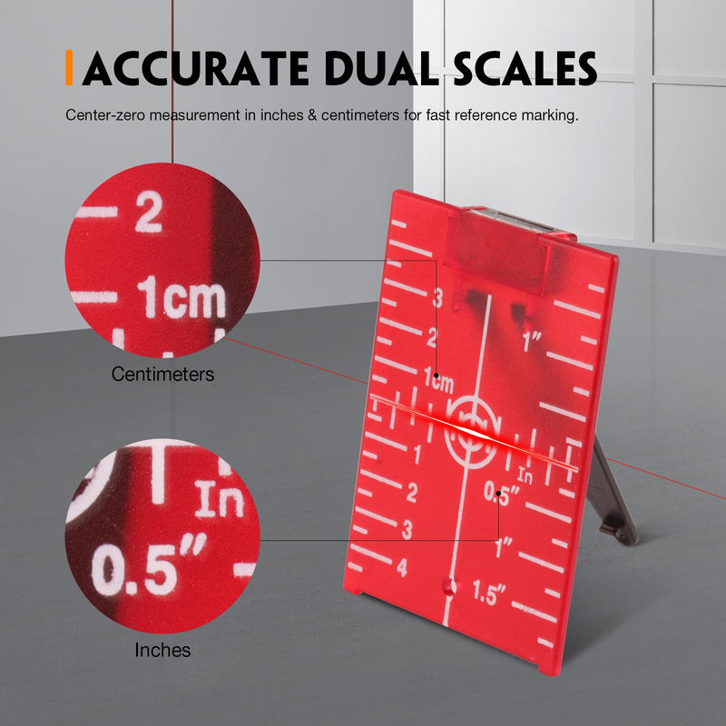 Laser Target Plate Card Set, 4-Pack Magnetic Floor Laser Target with Stand, Green and Red Laser Plates Enhances Visibility 1.3X, Dual Scale Alignment for Rotary & Cross Line Laser Level