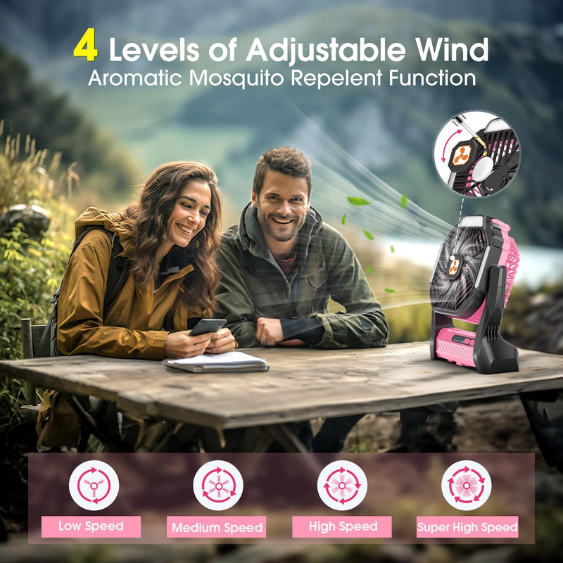 Portable Rechargeable Fan, 20000mAh Cordless Battery Powered Camping Tent Fans with SOS & LED Lantern, Small USB C Operated Outdoor Ventiladores for Travel Camp Fishing Office Home Essentials L Pink