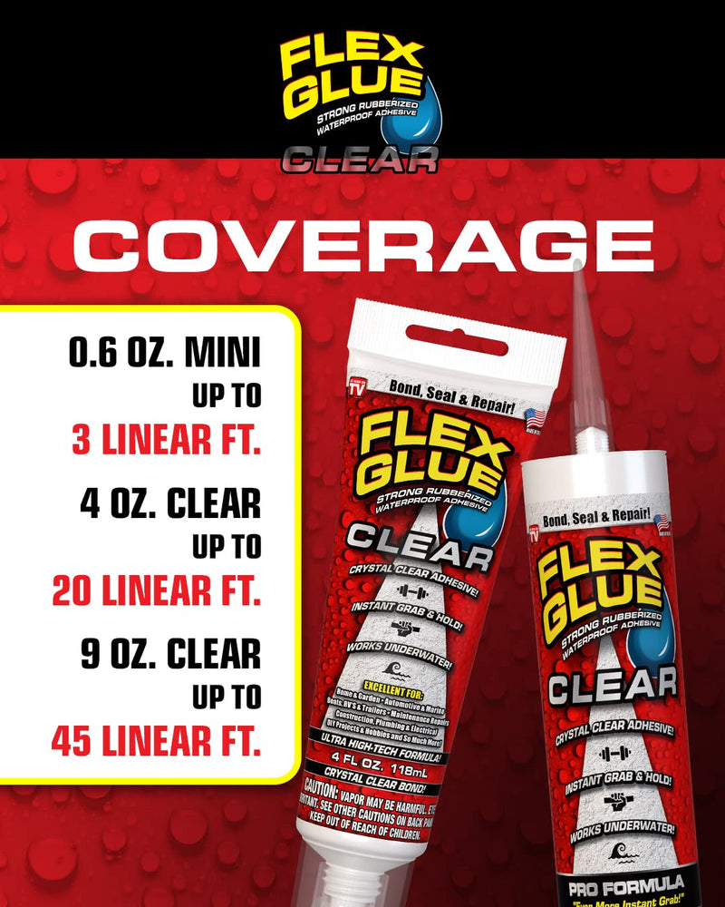 Flex Glue, Mini, Clear, Super Strong, Transparent, Rubberized Waterproof Adhesive, Works Underwater, Use on Pools, Showers, Outdoors, Concrete, Brick, Pavers, Masonry, UV Resistant 0.6 Oz.