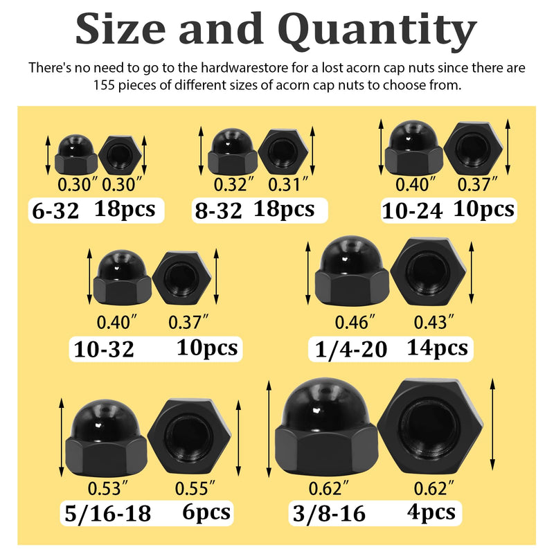 SAE Black Stainless Steel Acorn Nuts Assortment Kit (80Pcs), 6#32 8#32 10#24 10#32 1/4"-20 5/16"-18 3/8"-16 UNC Black SS Cap Nuts Sets, Black Nut Caps, Dome Head Black Acorn Cap Nut 80PCS,304 Black Stainless Steel 304 Stainless