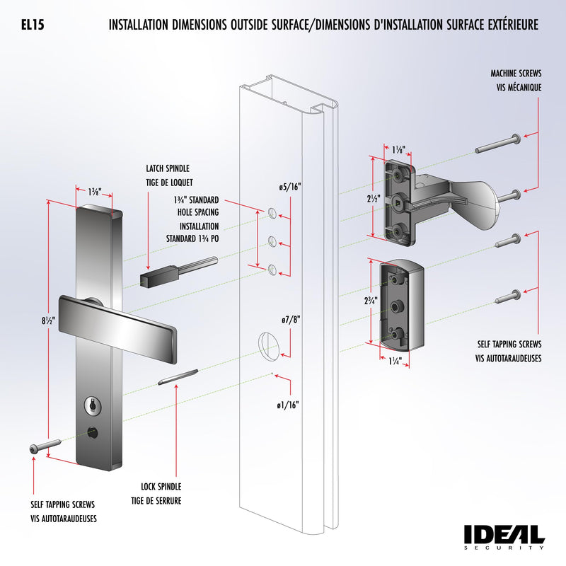 Ideal Security EL Keyed Lever Mount Latch with Deadbolt, Surface Mount Storm Door Handle Replacement, 2 Posts with Tie Down Screw, Satin Chrome