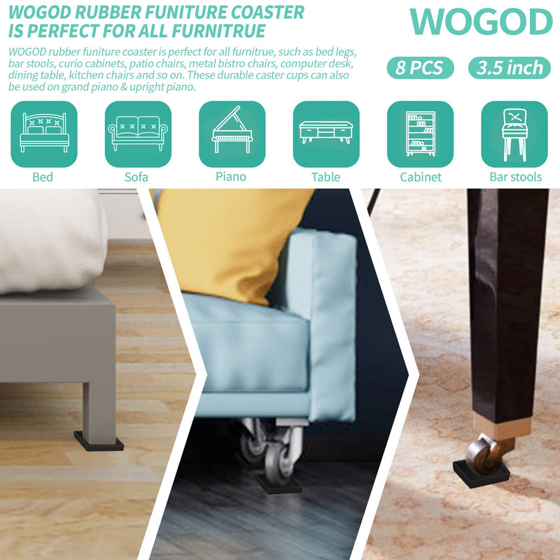Rubber Furniture Cups Pads Non Slip 8 Pcs 3.5''Square Furniture Coasters Couch Bed Leg Protectors for Hardwood Floors 8Pcs Black 3.5x3.5