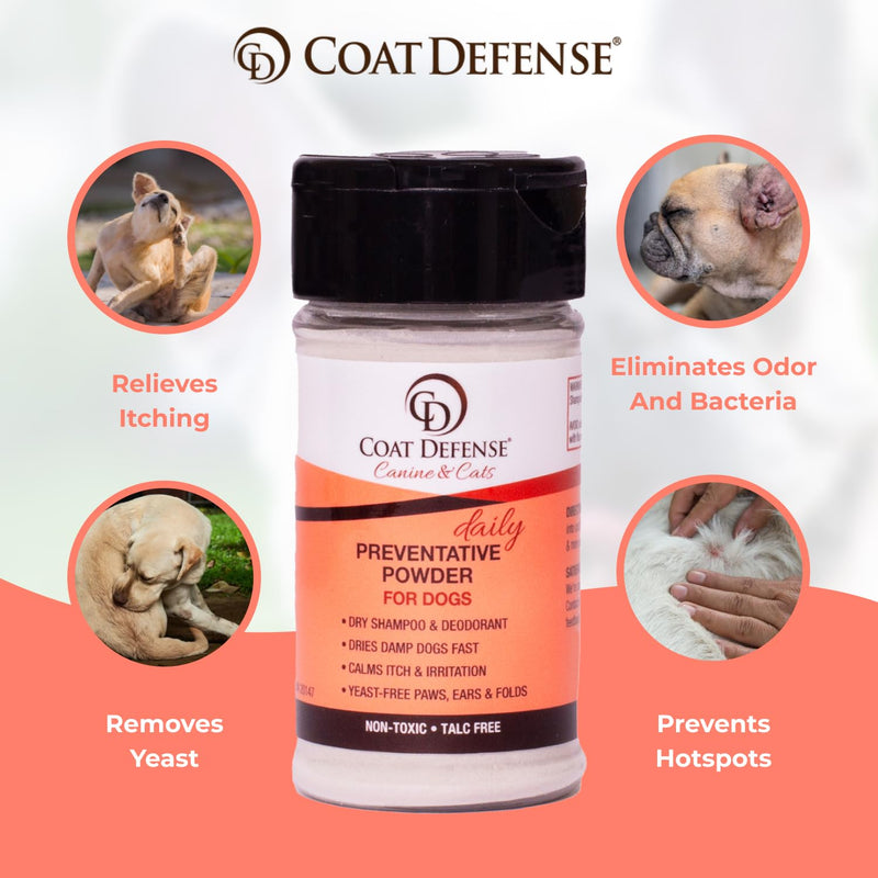 COAT DEFENSE Preventative Powder | Made in USA | 3.5oz Waterless Dog Shampoo & Pet Deodorizer for Smelly Dogs | Provides Anti Itch Relief | Dog Shampoo for Dry Itchy Skin & Dog Shampoo for Smelly Dogs